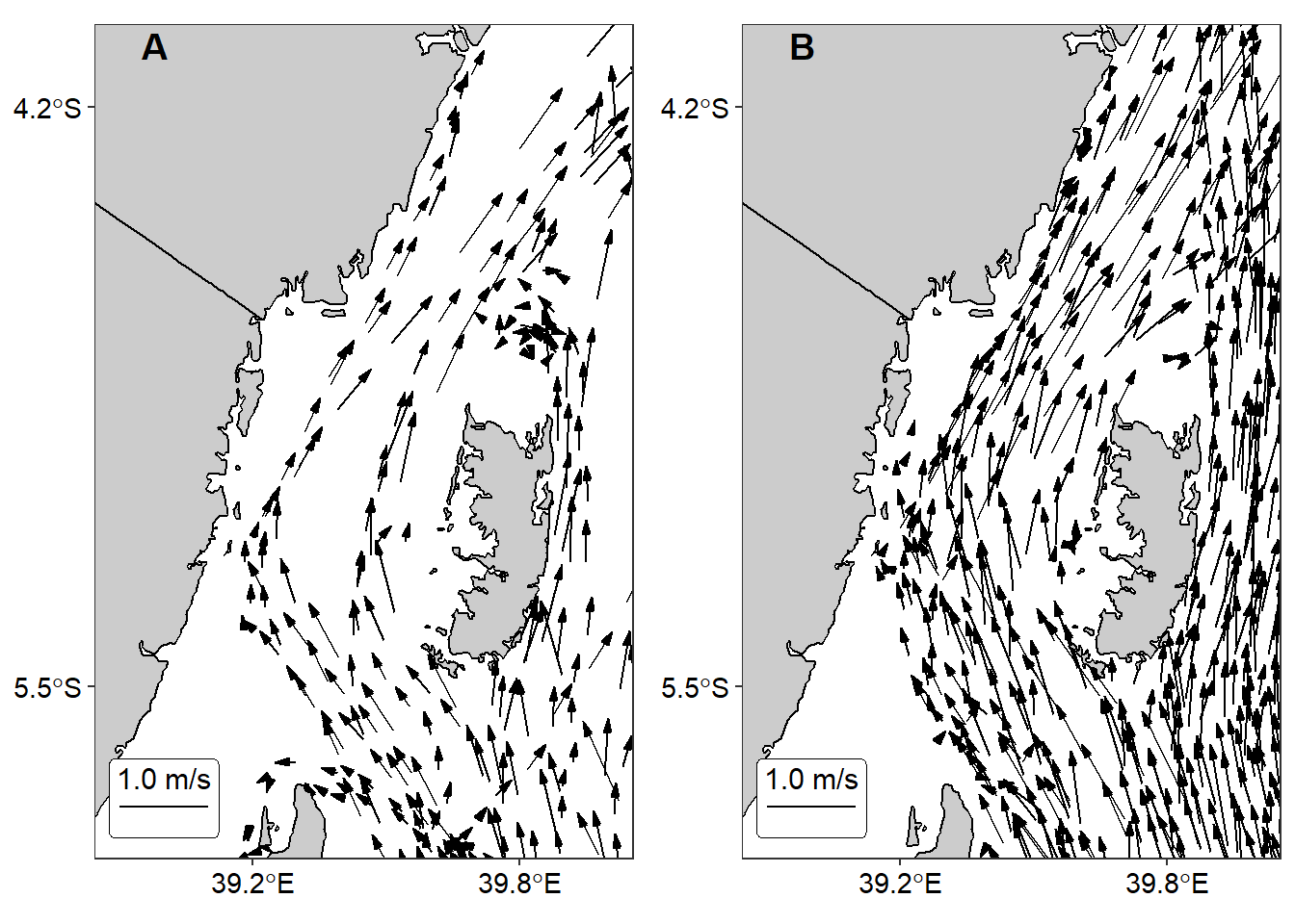 Seasonal variation of surface current vector in the Pemba channel during a) northeast b)  and b) southeast monsoon seasons