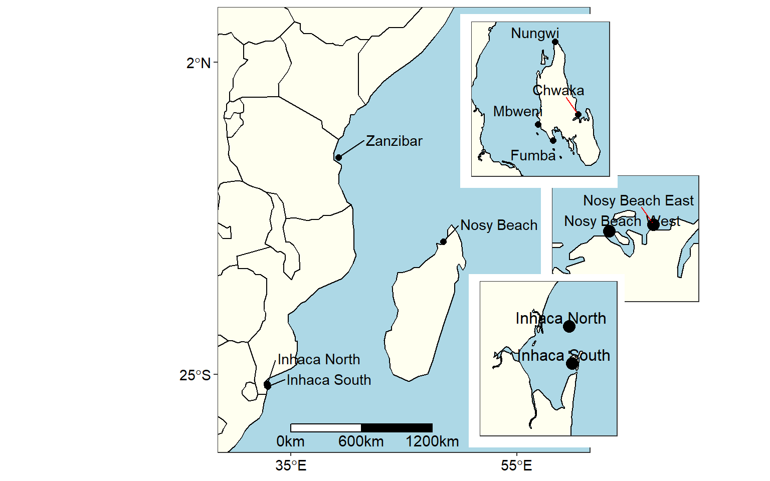 Map of area of interest drawn on on the WIO region area to show sampling stations