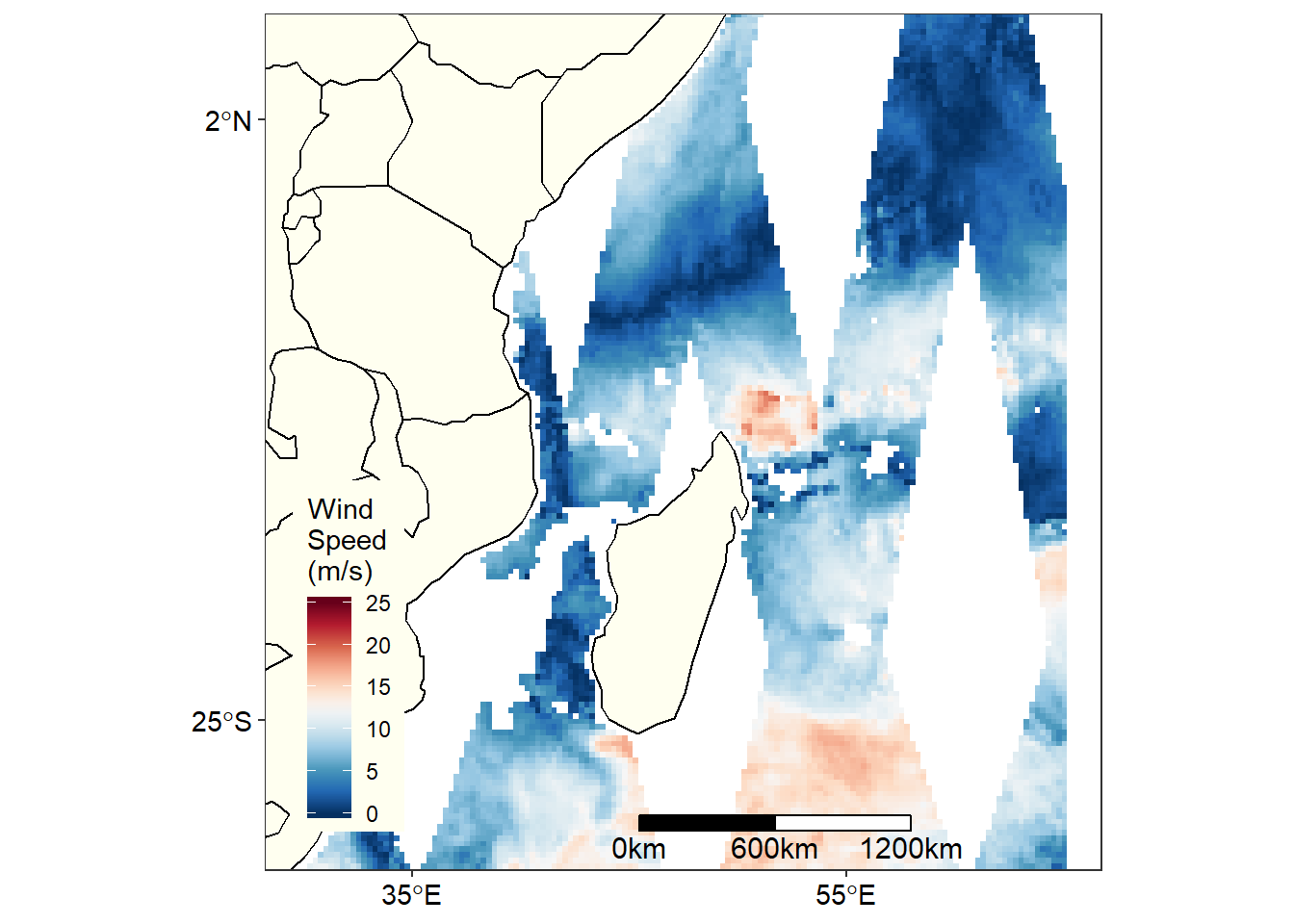 Map showing Wind speed of January 1, 2018 in the tropical Indina Ocean
