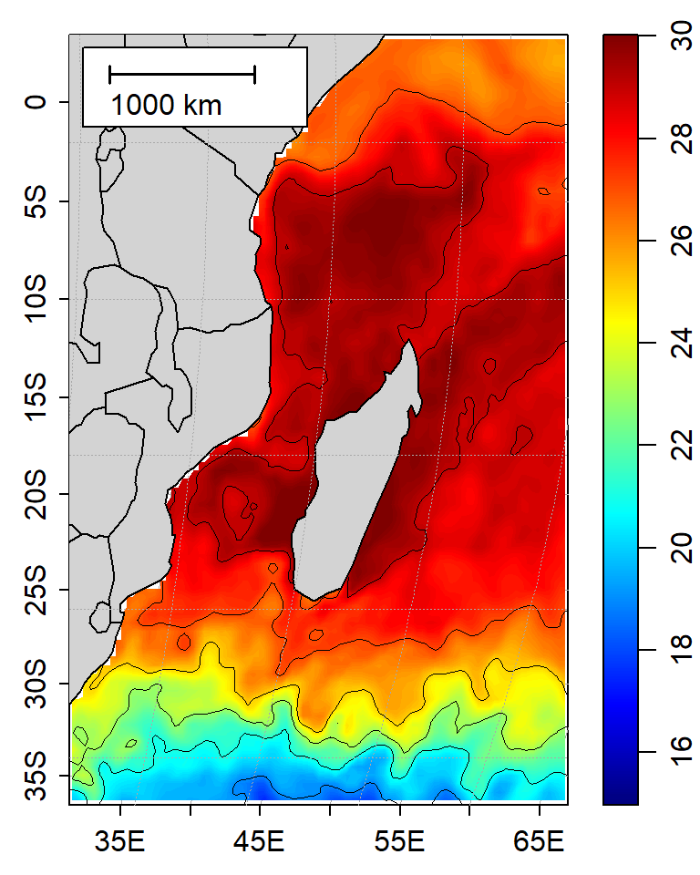 Map of the Western Indian Ocean region showing distribution of sea surface temperature. solid line are contours