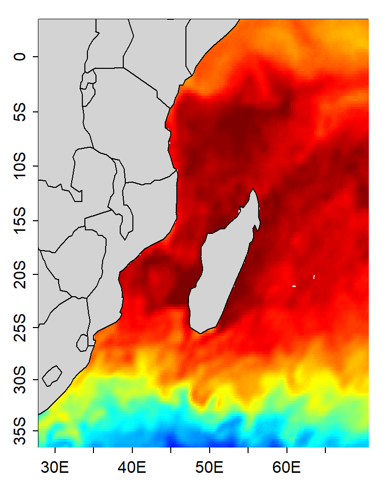 Map of the Western Indian Ocean region showing distribution of sea surface temperature