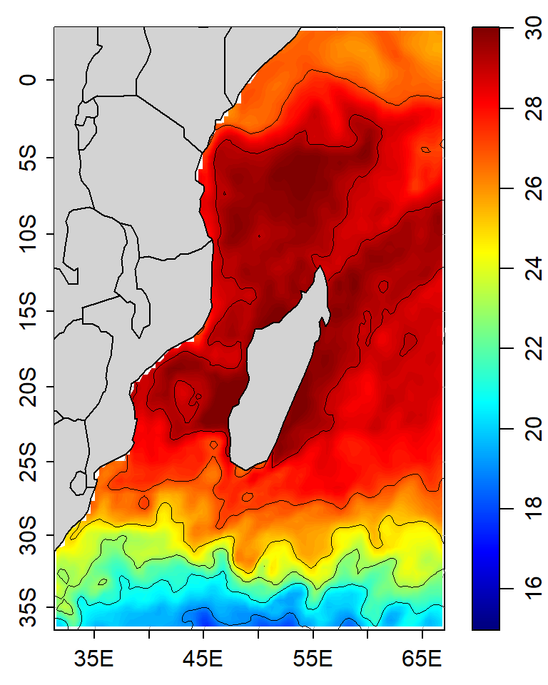 Map of the Western Indian Ocean region showing distribution of sea surface temperature. solid line are contours