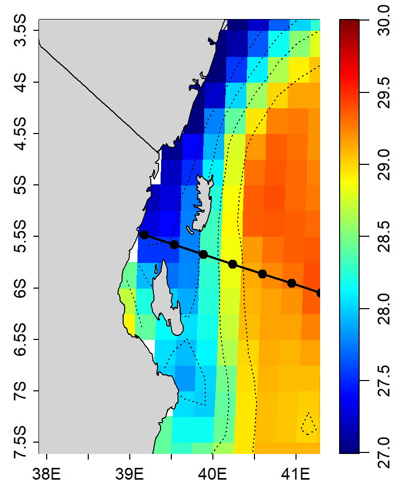 Map showing distribution of sea surface temperature within the Pemba and Zanzibar channels. Dotted line are contours