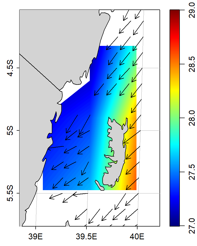 Map showing distribution of sea surface temperature within the Pemba and Zanzibar channels. Arrows are vector showing the speed and direction of wind
