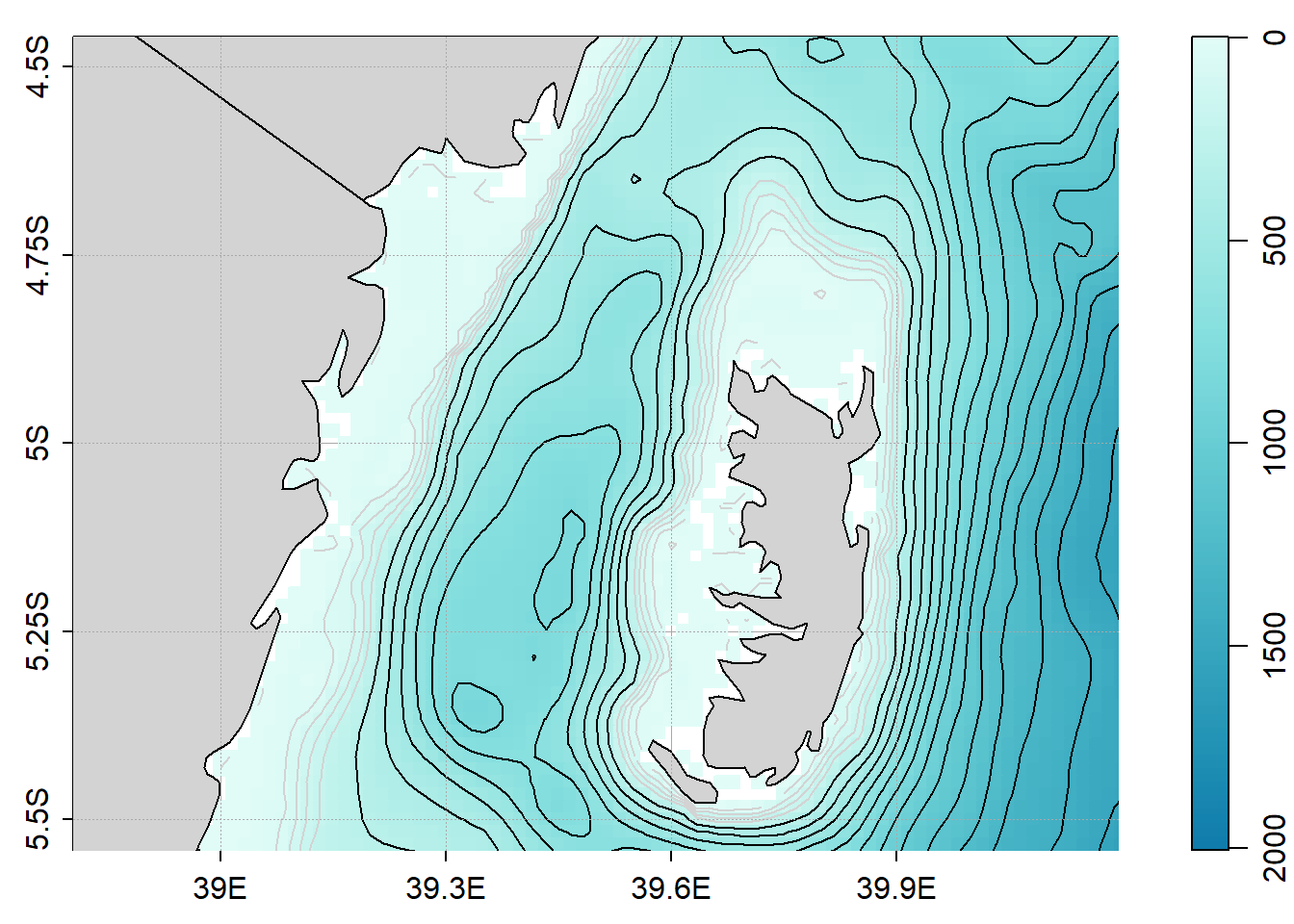 Bathymetric map of Pemba channel. The black lines are contour interval of 100 meters and the grey line are contour interval of 50 meters.