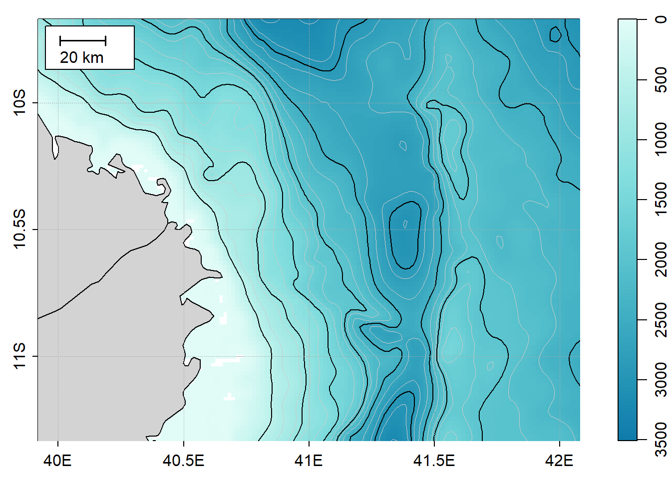 Bathymetry off Mtwara. the black line are contour at 500 m interval and the grey lines are contour at 200 m intervals