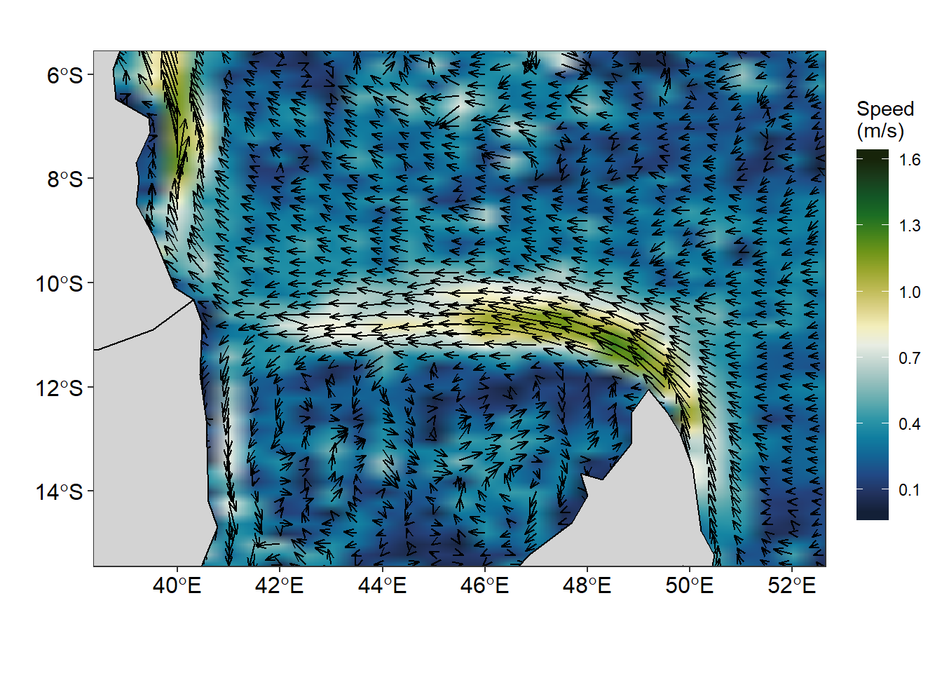 Vector field showing speed and direction of surface current created with **ggplot2** package