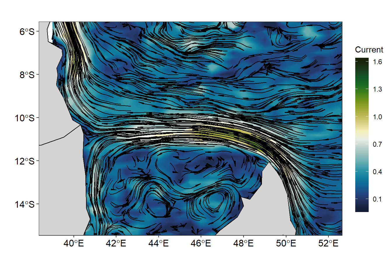 Streamline showing the flow of surface current superimposed on the current velocity