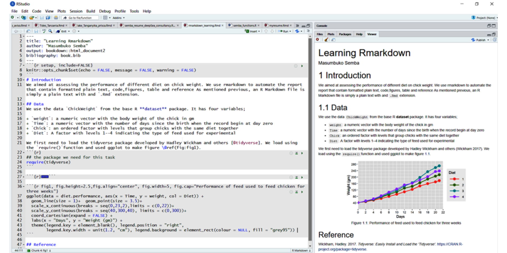 A R Mardown document (left) and rendered HTML document (R)