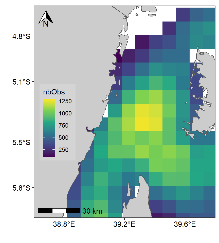 Spatial Distribution of Potential fishing zones in the Pemba channel. Color codes using Viridis pallete