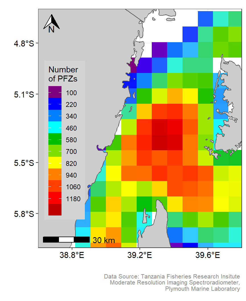 Spatial Distribution of Potential fishing zones in the Pemba channel. Customized color codes