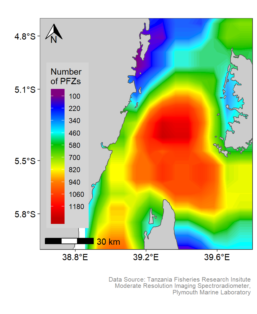 Smoothed spatial Distribution of Potential fishing zones in the Pemba channel. Customized color codes